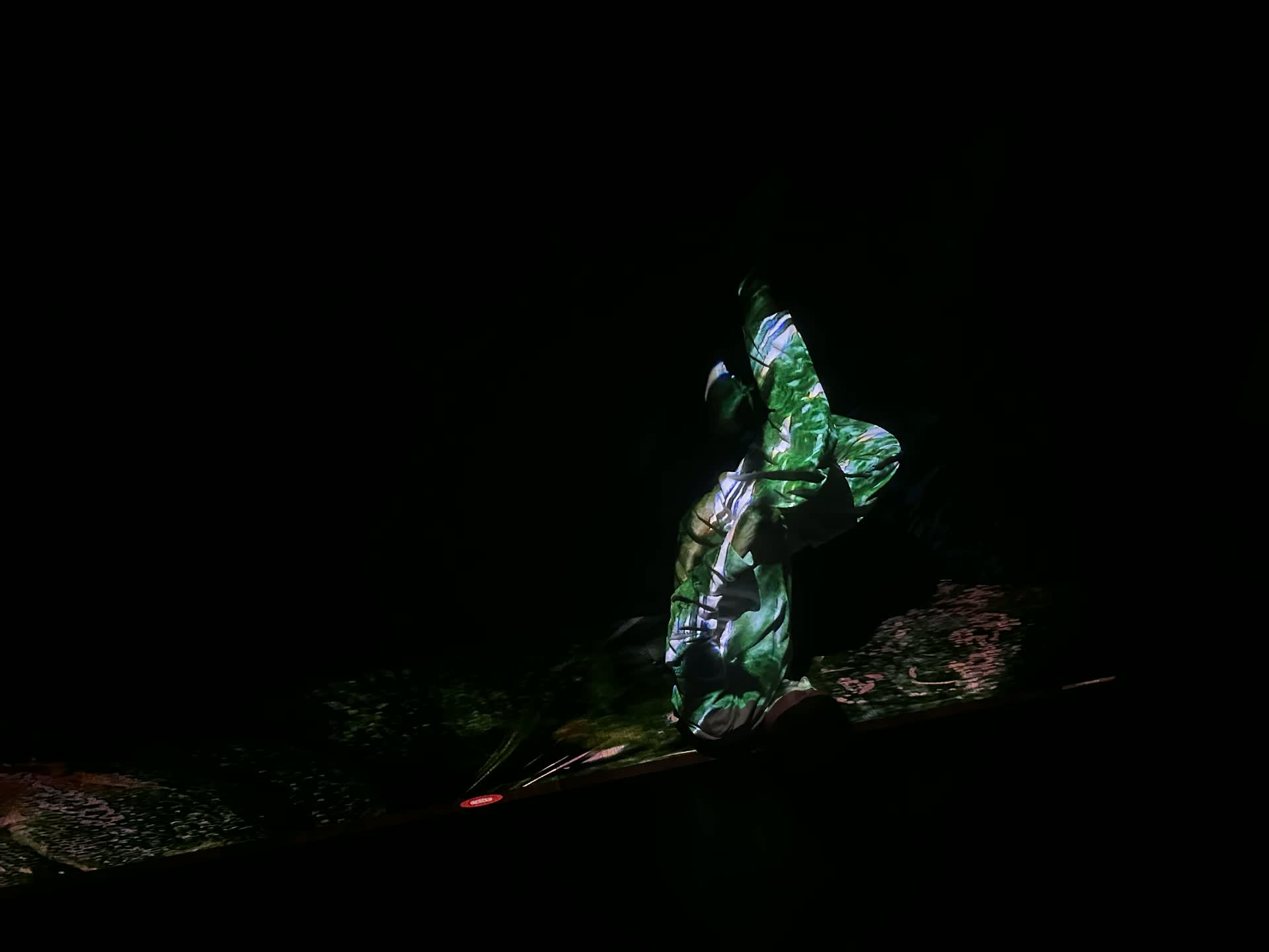 A performer upside-down on the floor, covered in a rippling green-and-white water projection