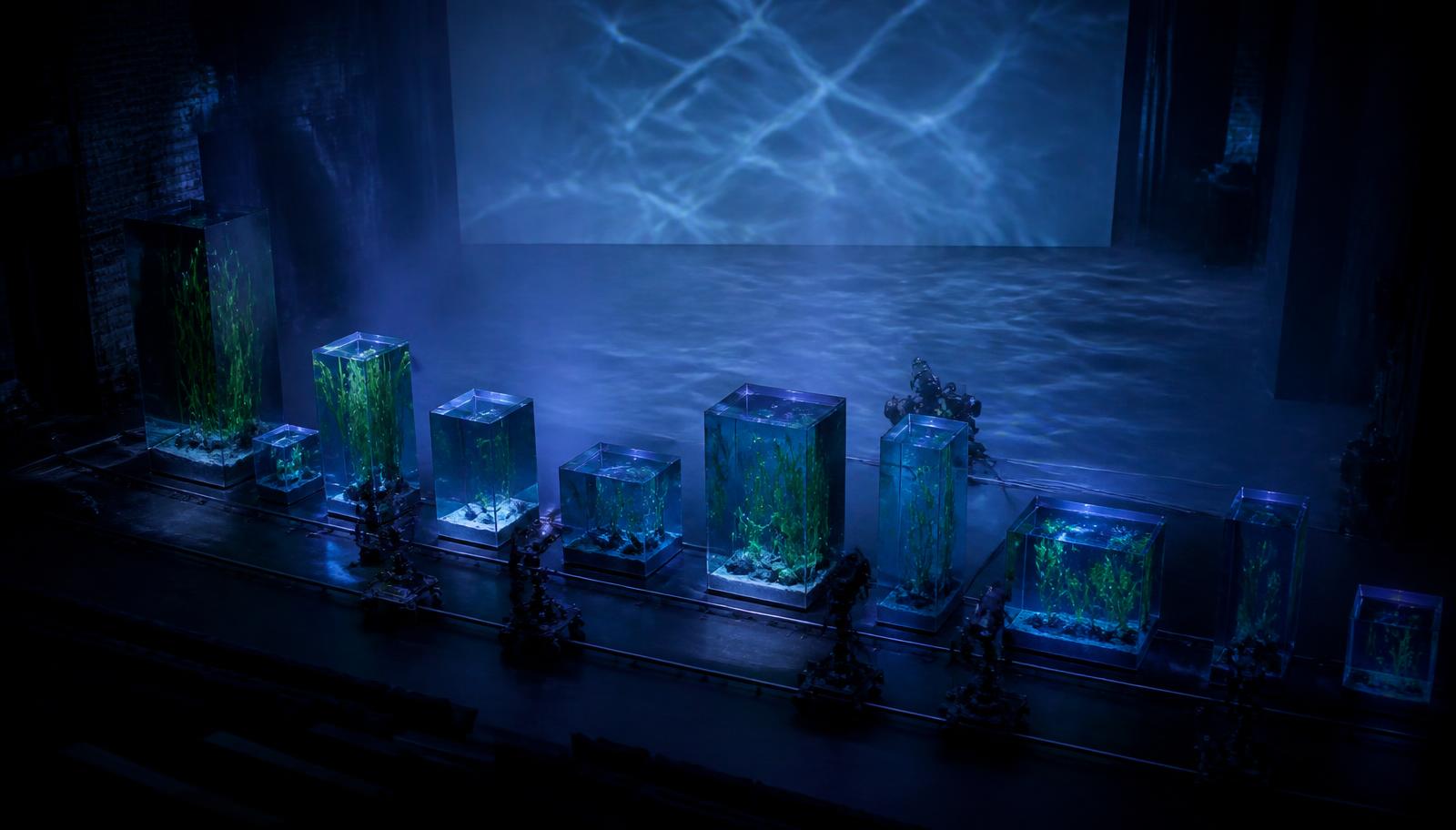 Concept art of the Selkie set: a long row of varying-size lit glass water tanks holding living seaweed across the front of a dark stage, with miniature slide-mounted cameras and projectors on dollies around them, and a white stage washed in projected water-light